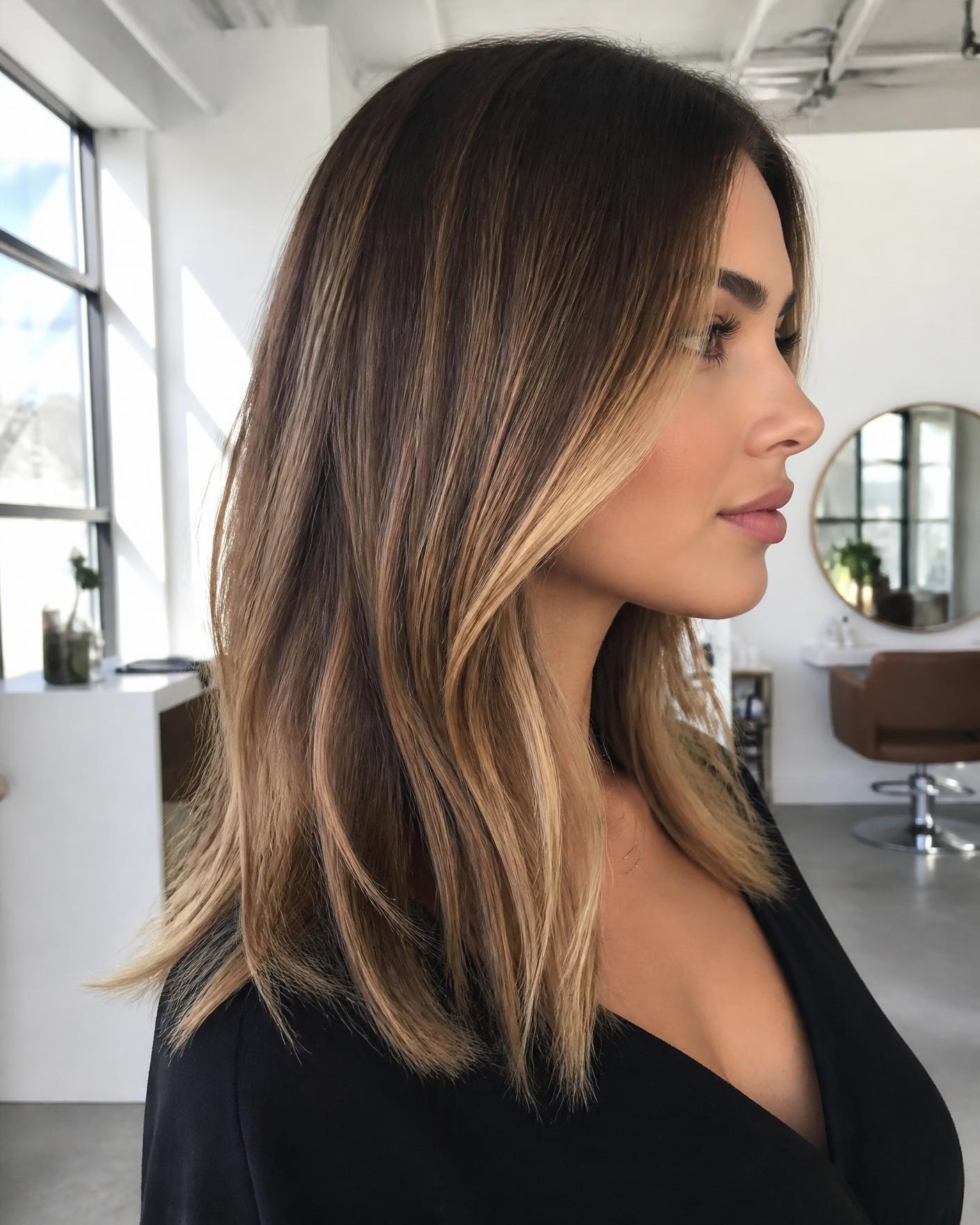 Long honey balayage hair styled in a bright studio