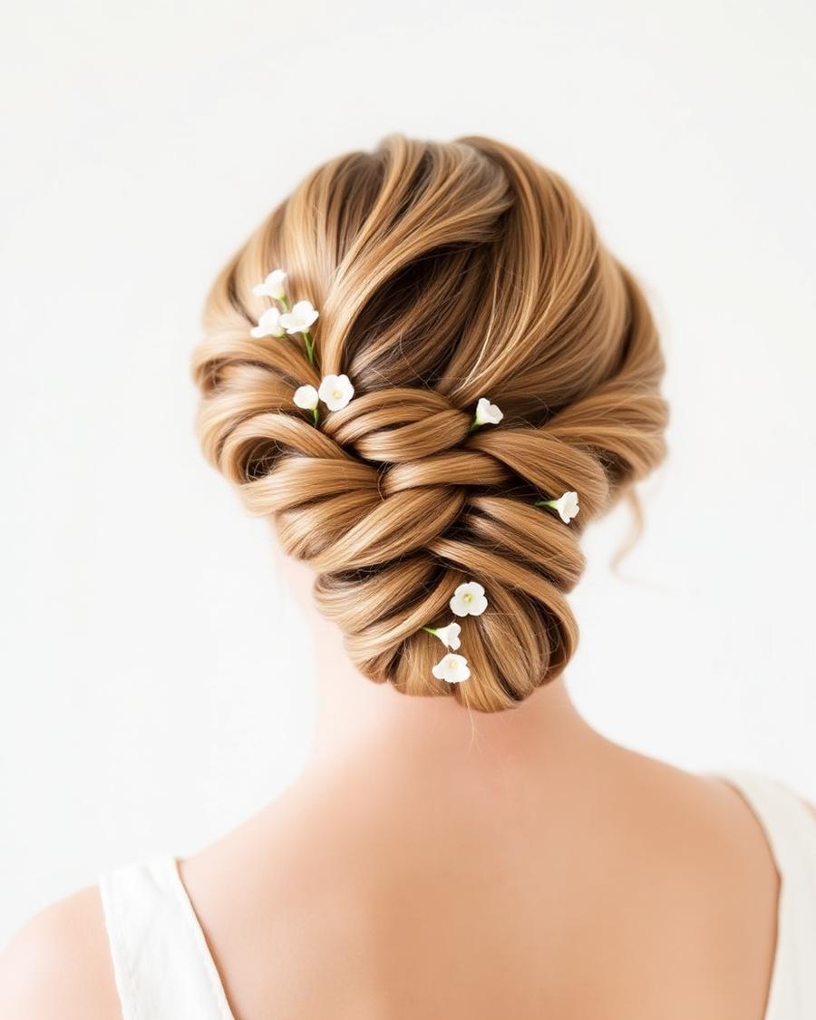 Braided bridal updo with small white flowers